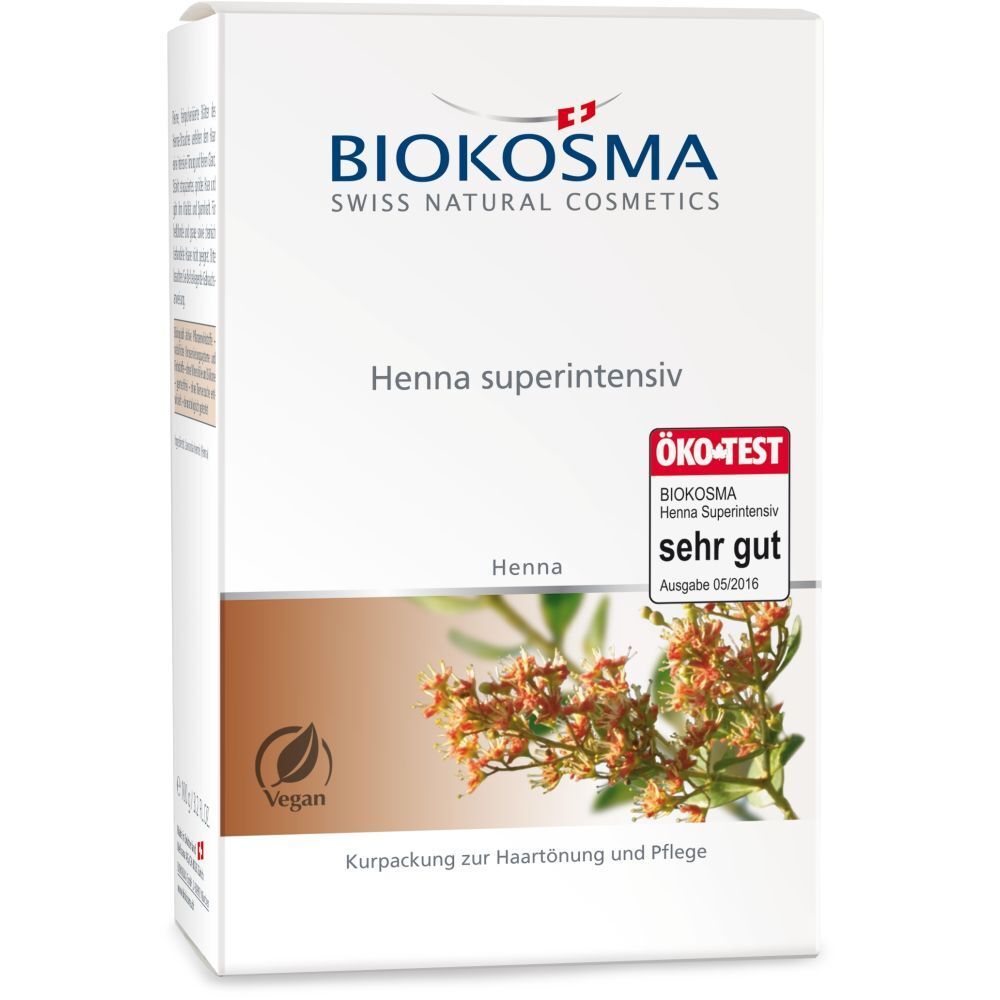 Boîte BIOKOSMA Henna superintensif. Logo, nom du produit, label ÖKO-TEST. Symbole vegan et illustration de plante.