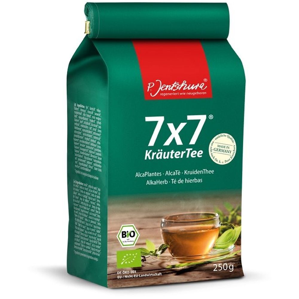 Grüne Verpackung mit rotem Akzent. Aufdruck: 7x7 Kräutertee, Bio-Siegel, Glas mit Tee.