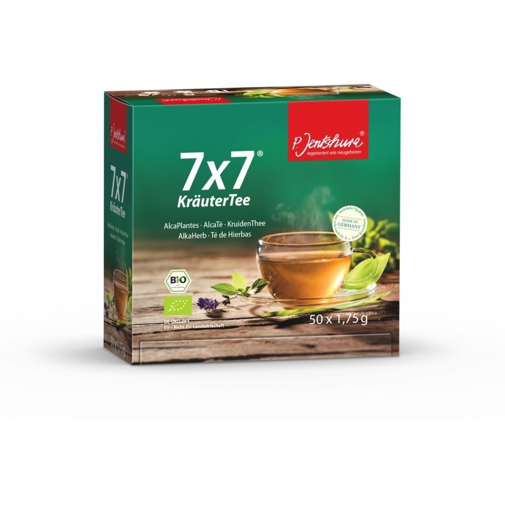 Grüne Schachtel mit 7x7 Kräutertee. Aufdrucke: 50x1,75g, Bio-Siegel, Tasse Tee mit Kräutern. Marke: Jentschura.