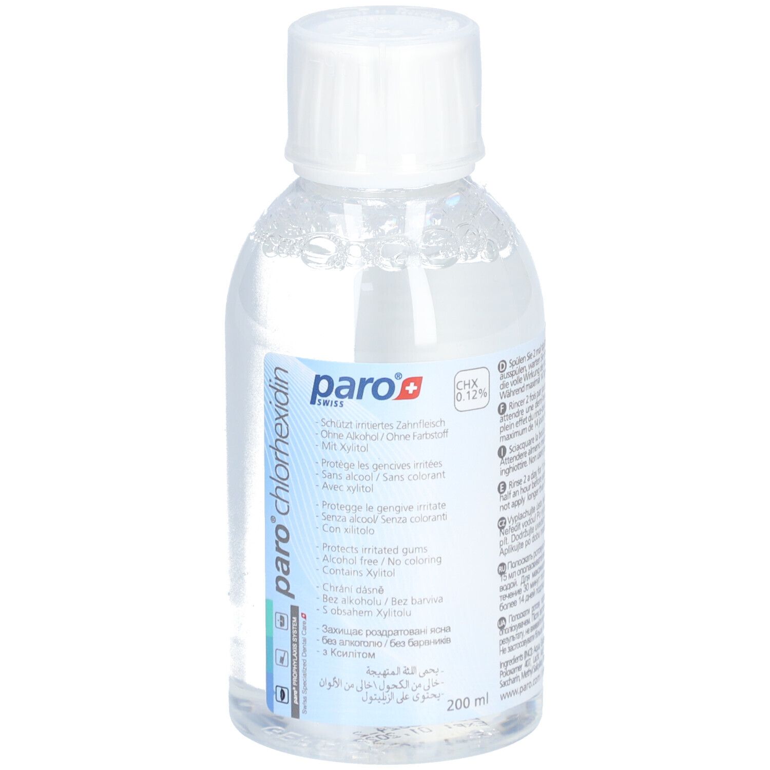 Heldere vloeistof in een fles met witte dop. Etiket met productinformatie en logo.