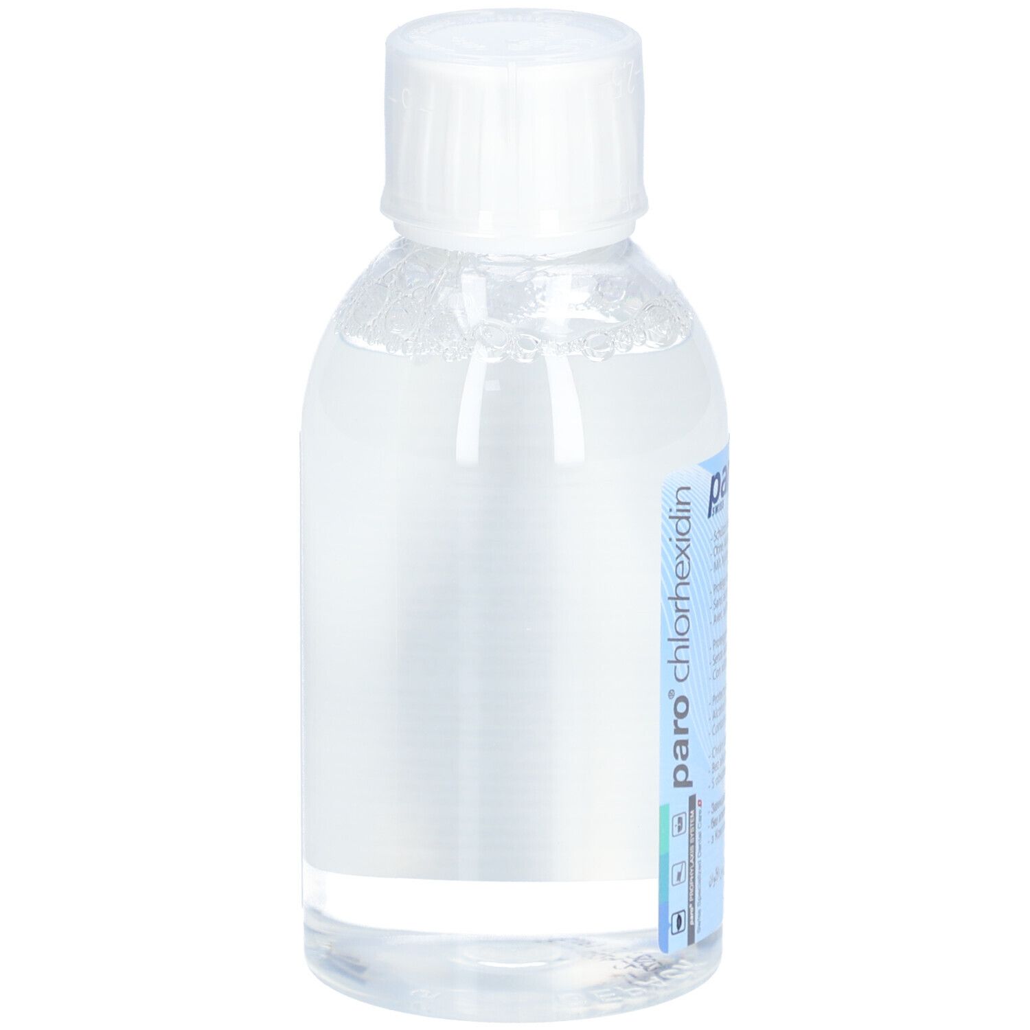 Transparante vloeistof in een fles met witte dop. Etiket met productnaam.