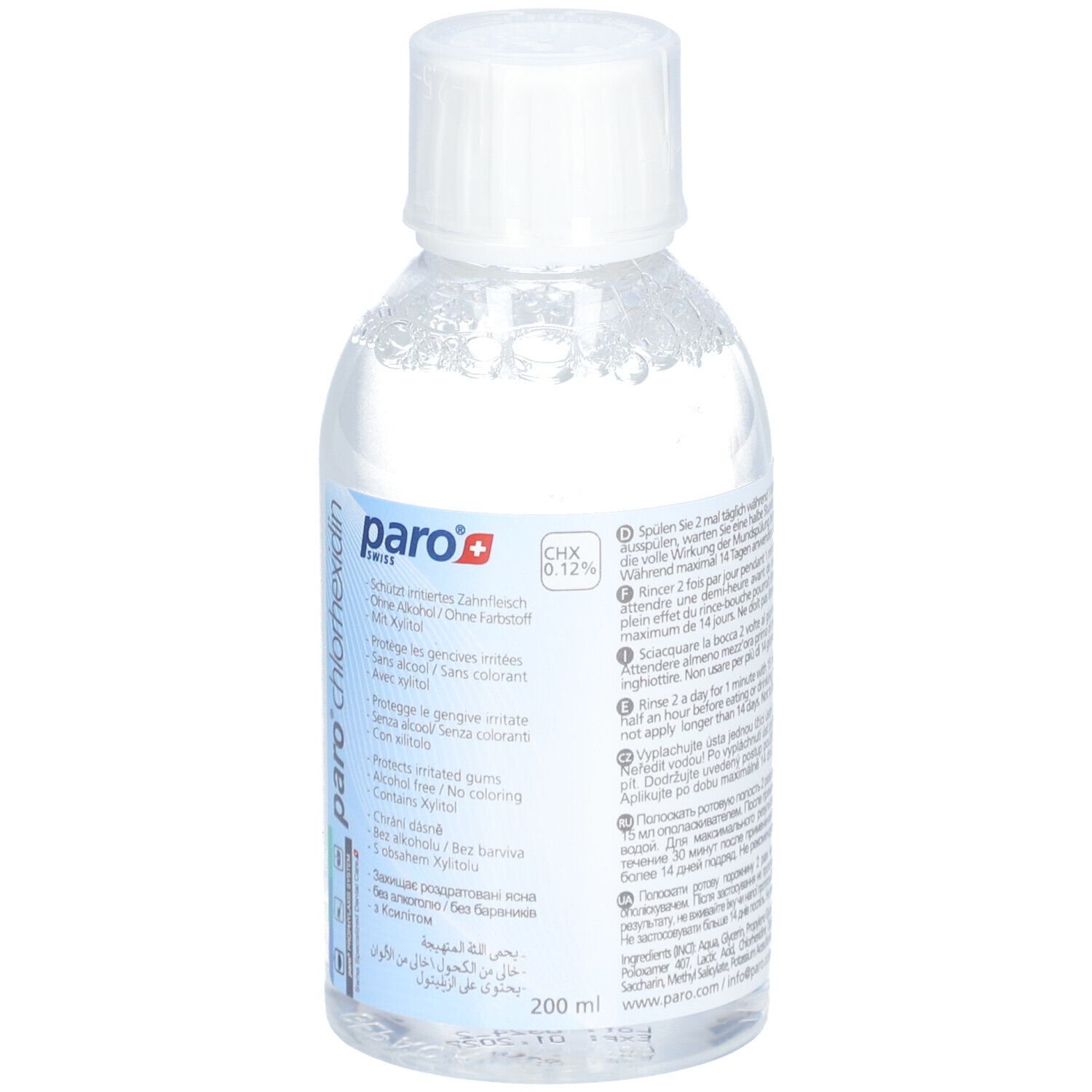 Fles met witte dop. Etiket met productinformatie en logo.