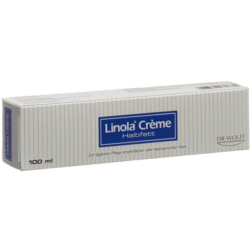 Linola Crème halbfett 100ml Kartonverpackung mit blauer Beschriftung und vertikalen Linien.
