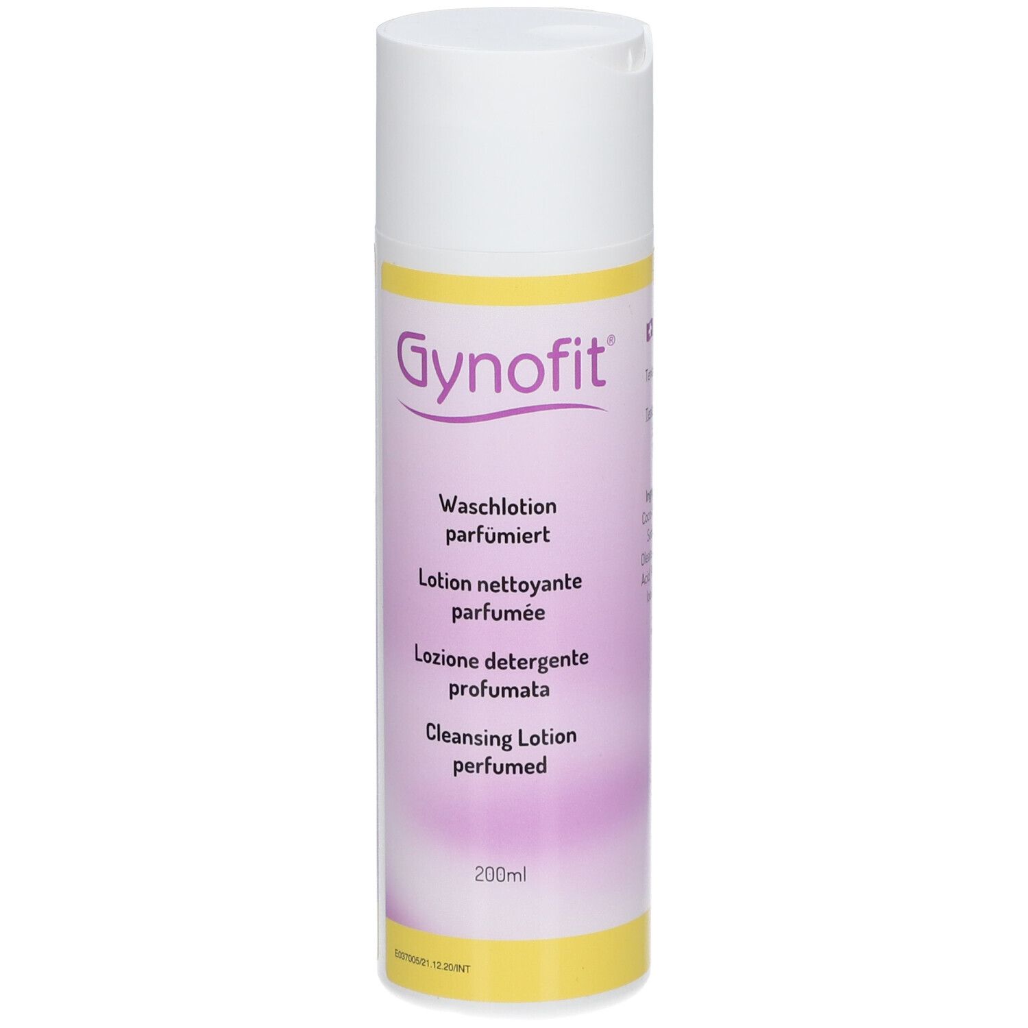 Zylindrische Flasche mit Gynofit-Logo und Text. Gelber und rosa Farbverlauf. Deckel weiß.