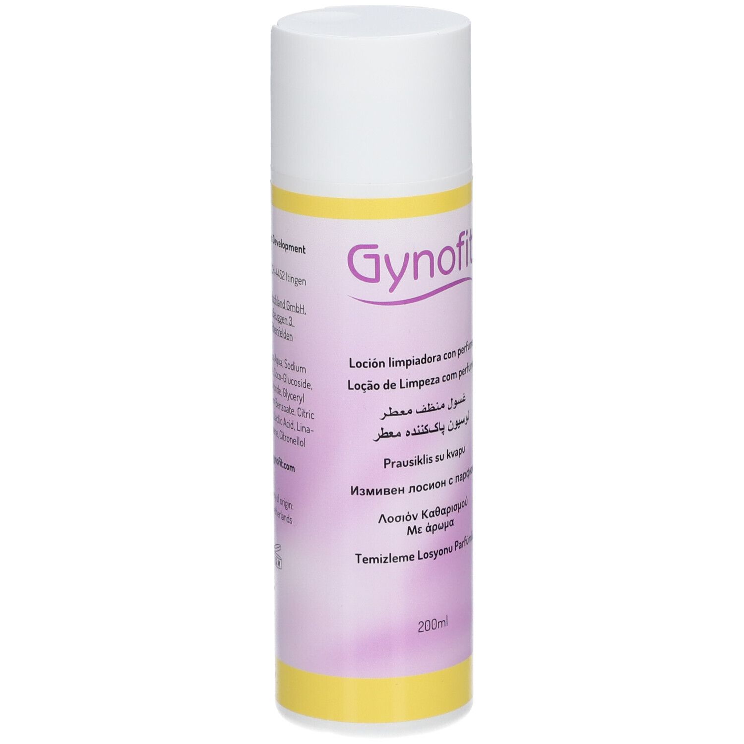 Zylindrische Flasche mit Gynofit-Logo und Text. Mehrsprachige Beschriftung. Gelber und rosa Farbverlauf.