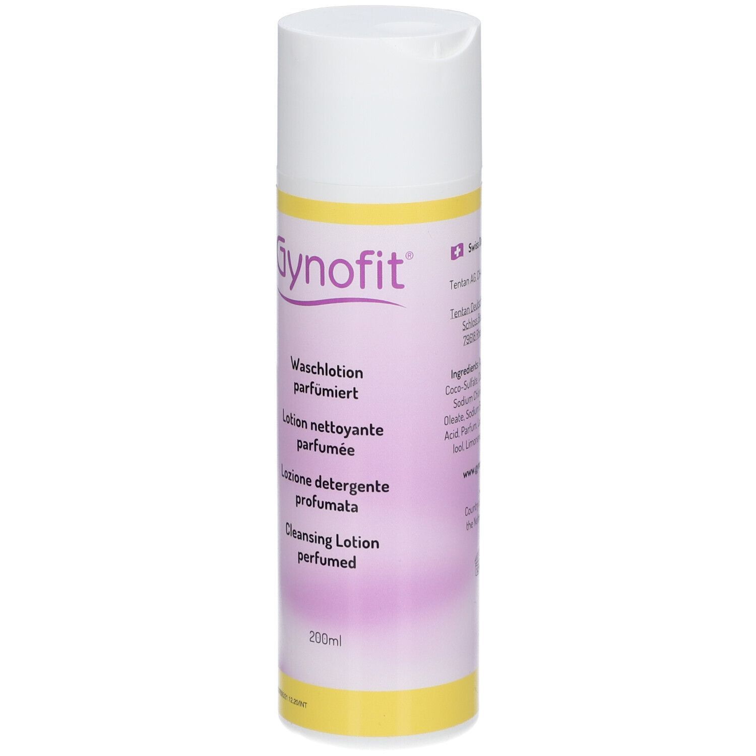 Zylindrische Flasche mit Gynofit-Logo und Text. Mehrsprachige Beschriftung. Gelber und rosa Farbverlauf.