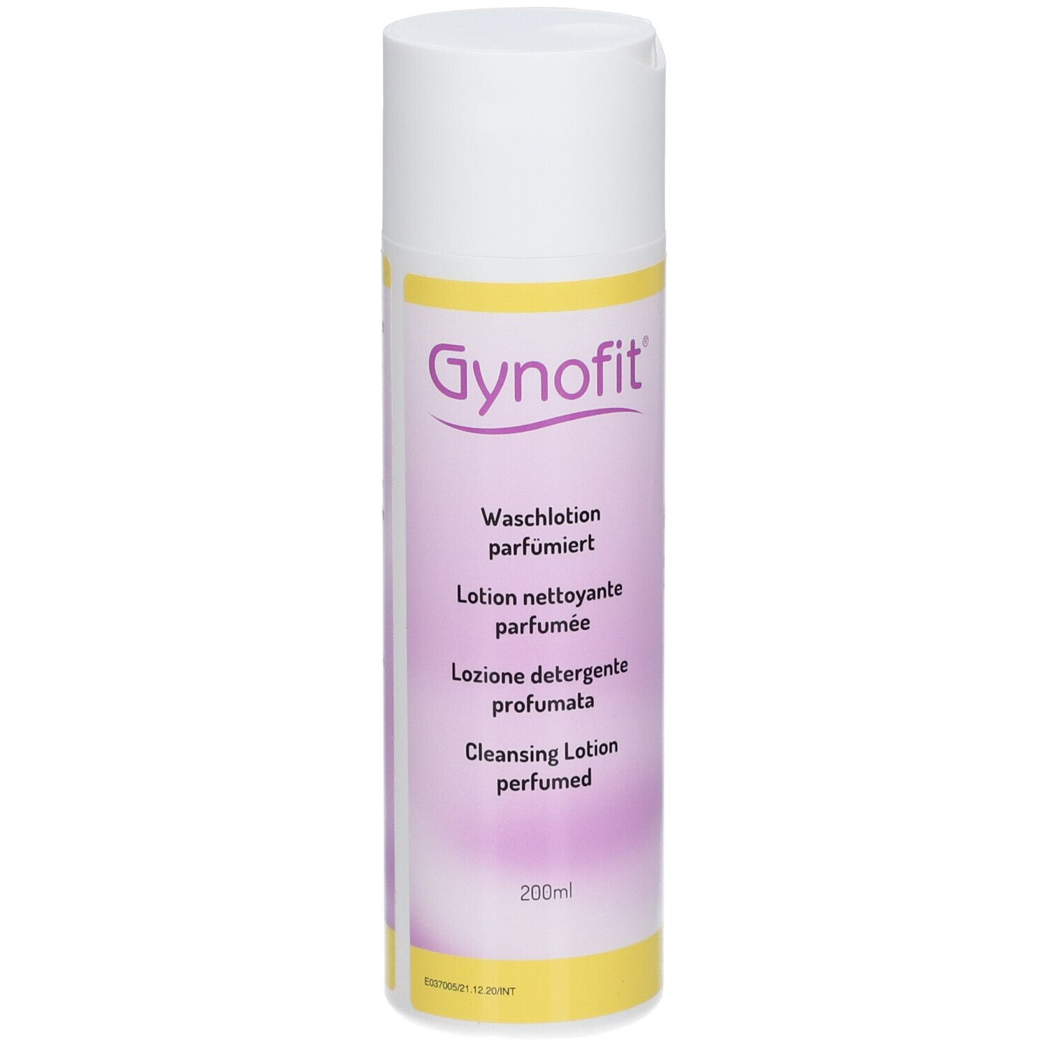 Zylindrische Flasche mit Gynofit-Logo und Text. Mehrsprachige Beschriftung. Gelber und rosa Farbverlauf.