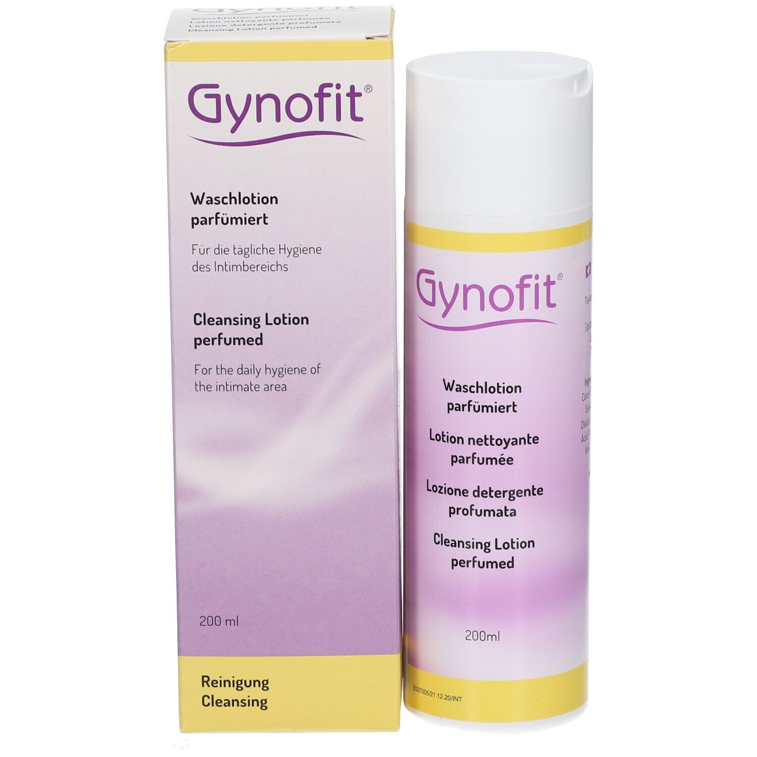 Produktflasche und Verpackung. Gynofit-Logo und Text. Gelber und rosa Farbverlauf. Weißer Deckel.