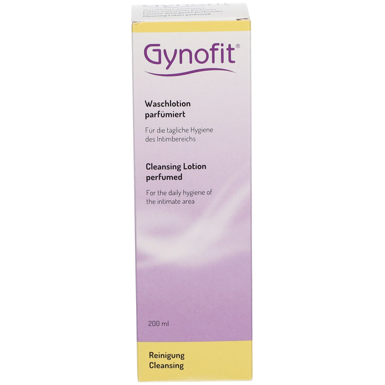 Produktverpackung. Gynofit-Logo und Text. Gelber und rosa Farbverlauf. Produktname und Anwendung.