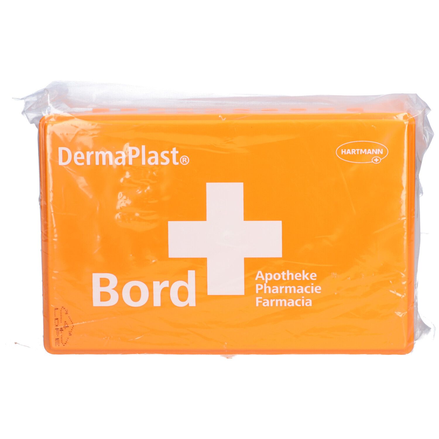 Orangefarbene Erste-Hilfe-Box mit weißem Kreuz und Schriftzug 'Bord'. Der Markenname 'Dermaplast' ist sichtbar. Verpackt in Folie.