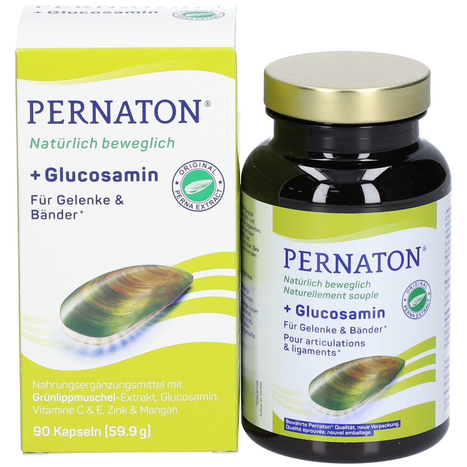 PERNATON® Flasche und Schachtel. Grün-gelbes Design. Produktname und Inhaltsstoffe deutlich sichtbar.
