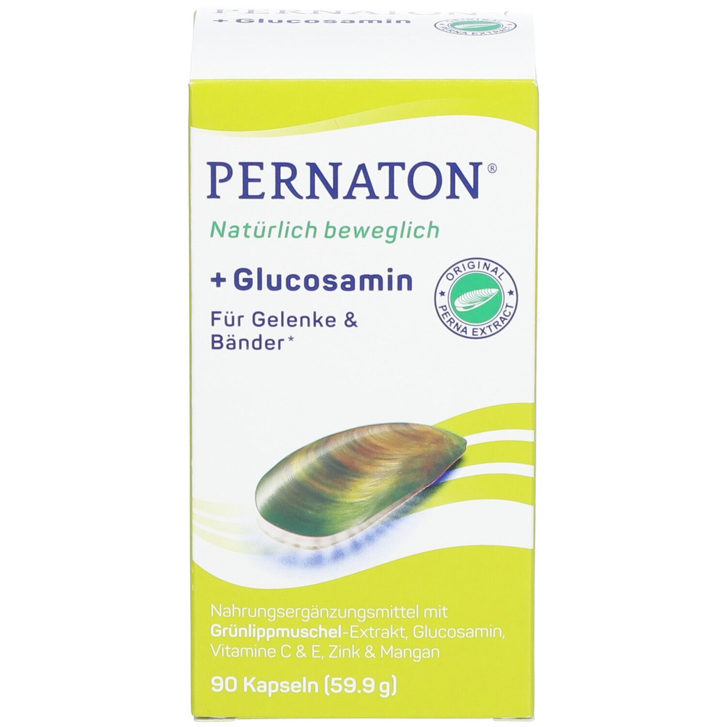 PERNATON® Schachtel. Grün-gelbes Design. Produktname und Inhaltsstoffe deutlich sichtbar.