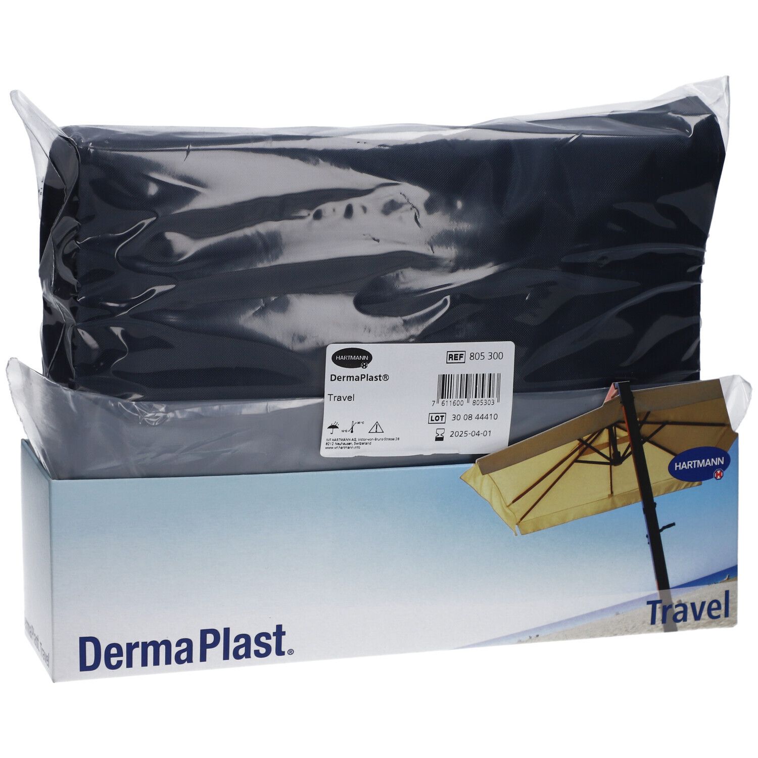 Schwarze Tasche in Folie, in einem weißen Karton. Auf dem Karton steht "Dermaplast. Travel" und ein Bild eines Sonnenschirms.