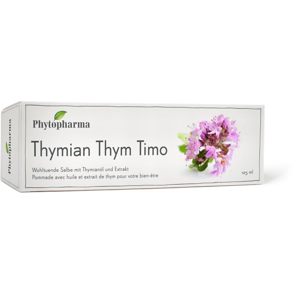 Weiße Schachtel mit Produktnamen und floraler Abbildung. Text: Thymian Thym Timo, 125 ml.