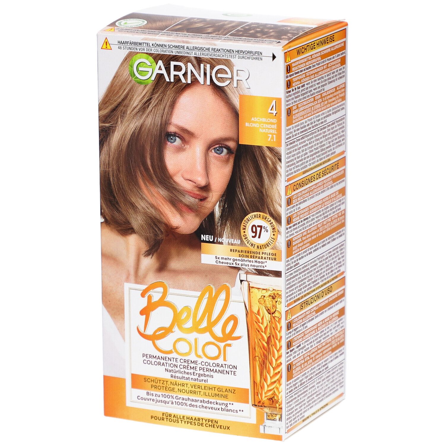 Garnier Belle Color Haarfarbe, Farbton 4 Aschblond. Verpackung mit Produktabbildung und Model. Enthält 97% reparierende Pflege.