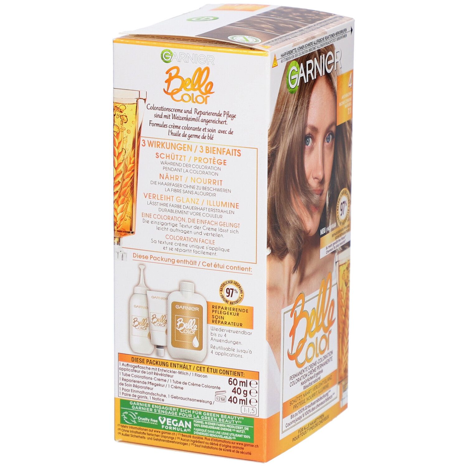 Rückseite der Garnier Belle Color Haarfarbenverpackung. Enthält 3 Wirkungen, Schutz, Pflege, Glanz. Enthält 60ml Creme, 40ml Entwickler.