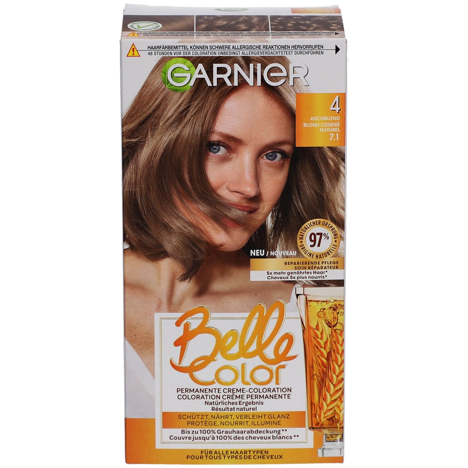 Garnier Belle Color Haarfarbe, Farbton 4 Aschblond. Verpackung mit Produktabbildung und Model. Enthält 97% reparierende Pflege.