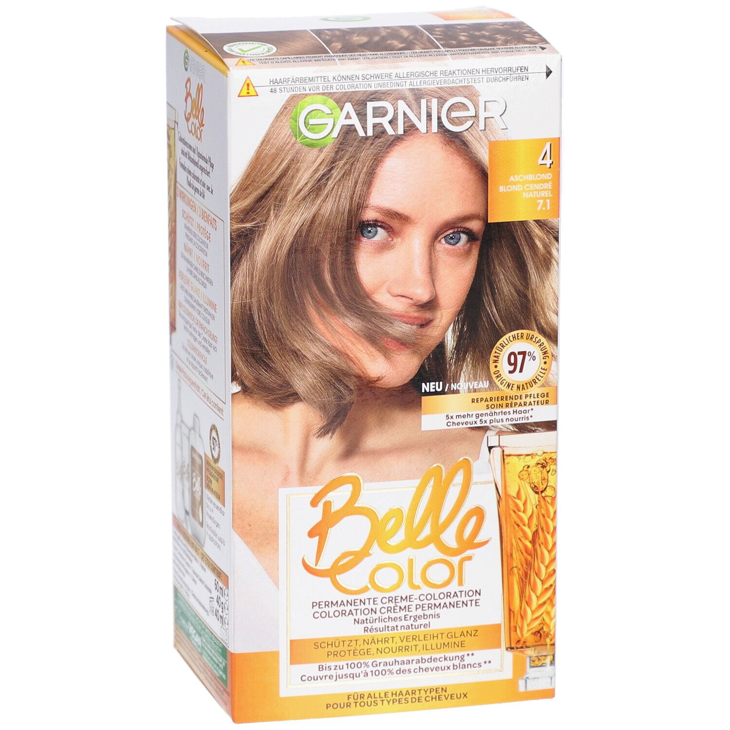 Garnier Belle Color Haarfarbe, Farbton 4 Aschblond. Verpackung mit Produktabbildung und Model. Enthält 97% reparierende Pflege.
