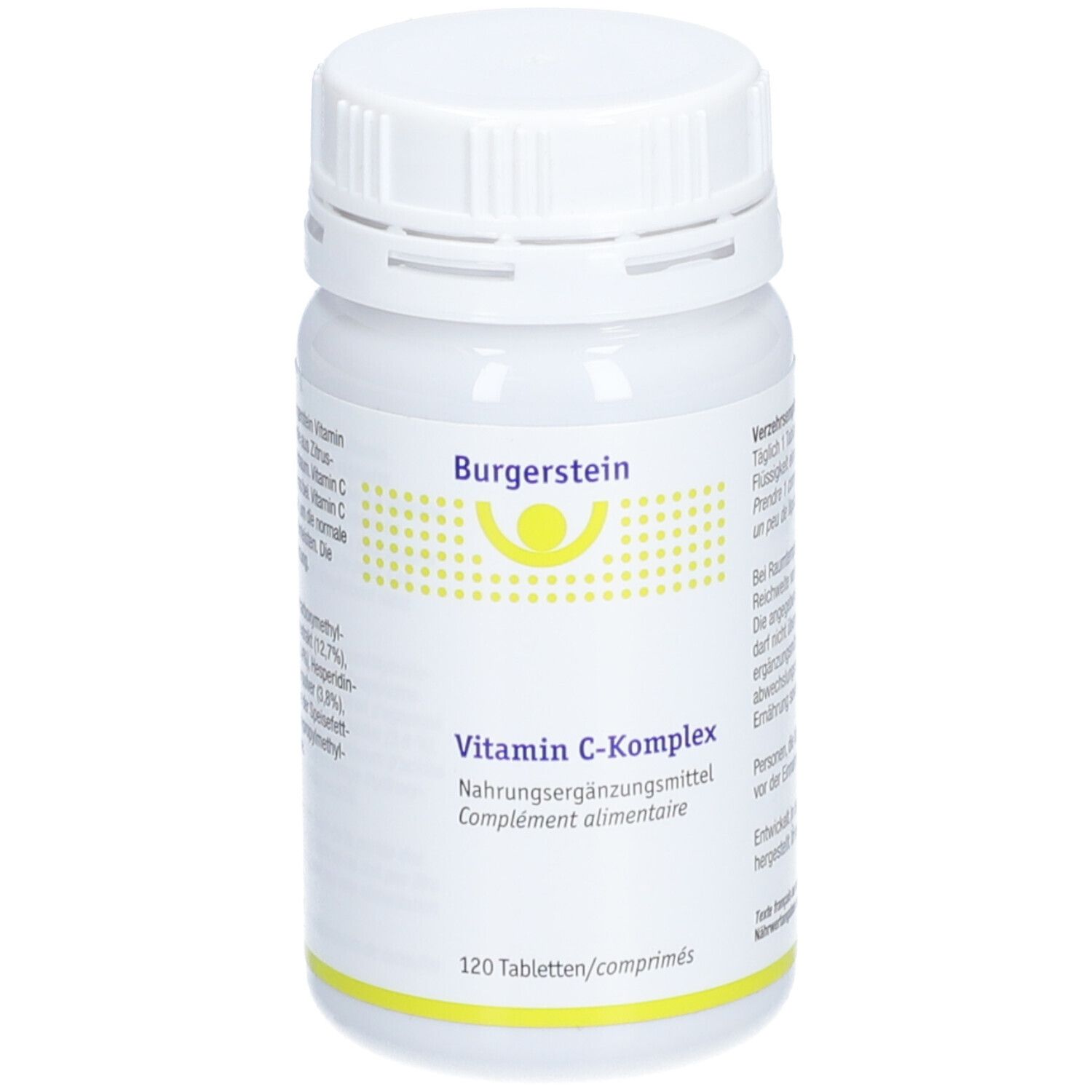 Weiße Flasche mit Schraubverschluss. Aufschrift: Burgerstein, Vitamin C-Komplex, Nahrungsergänzungsmittel. 120 Tabletten.