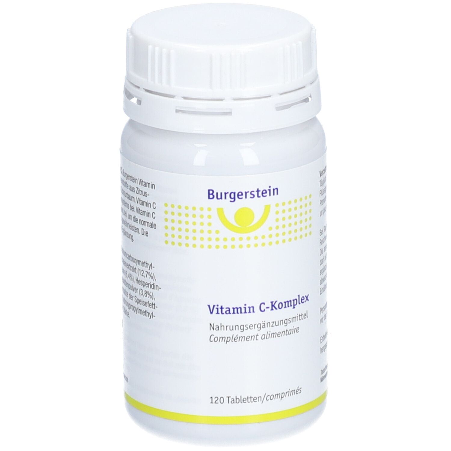 Weiße Flasche mit Schraubverschluss. Aufschrift: Burgerstein, Vitamin C-Komplex, Nahrungsergänzungsmittel. 120 Tabletten.