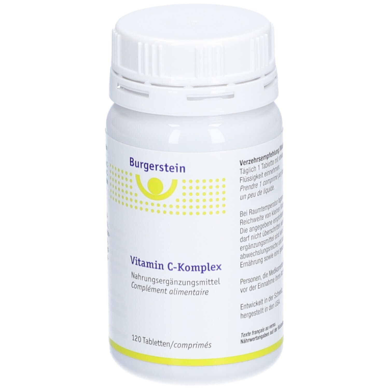 Weiße Flasche mit Schraubverschluss. Aufschrift: Burgerstein, Vitamin C-Komplex, Nahrungsergänzungsmittel. 120 Tabletten.