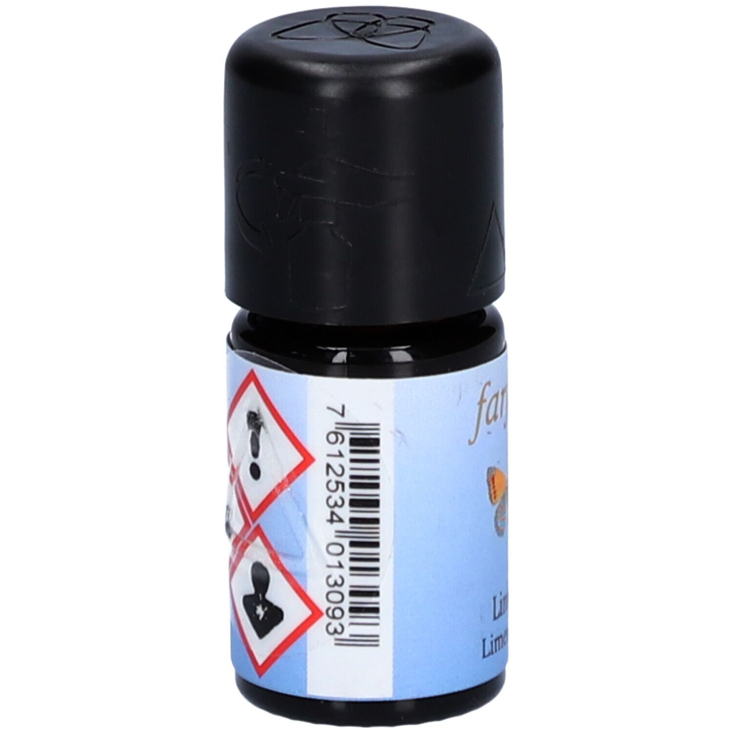 Petite bouteille noire. Étiquette avec code-barres et symboles de danger. Inscription: farfalla, Limette, Limette bio.