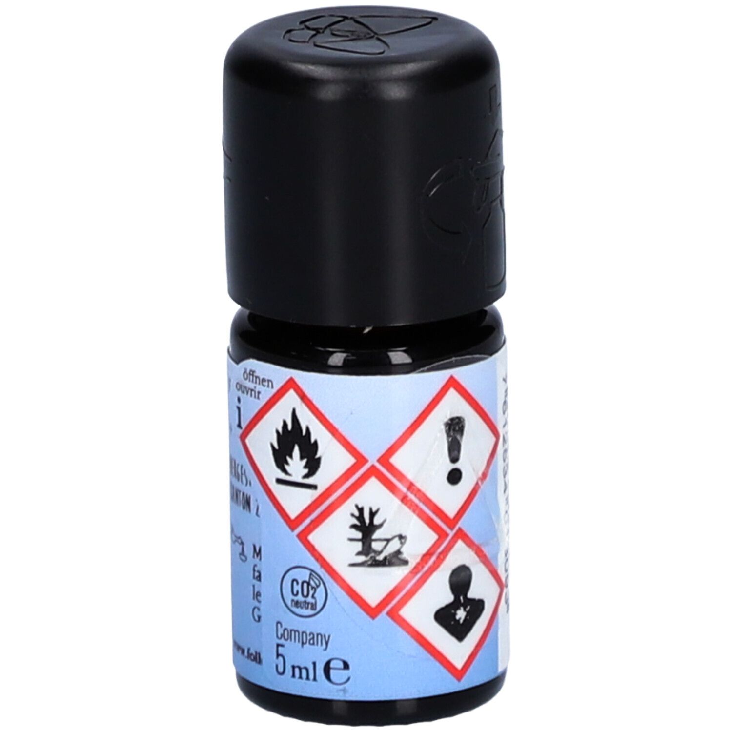 Petite bouteille noire. Étiquette avec symboles de danger et logo CO2 neutre. Inscription: 5 ml.