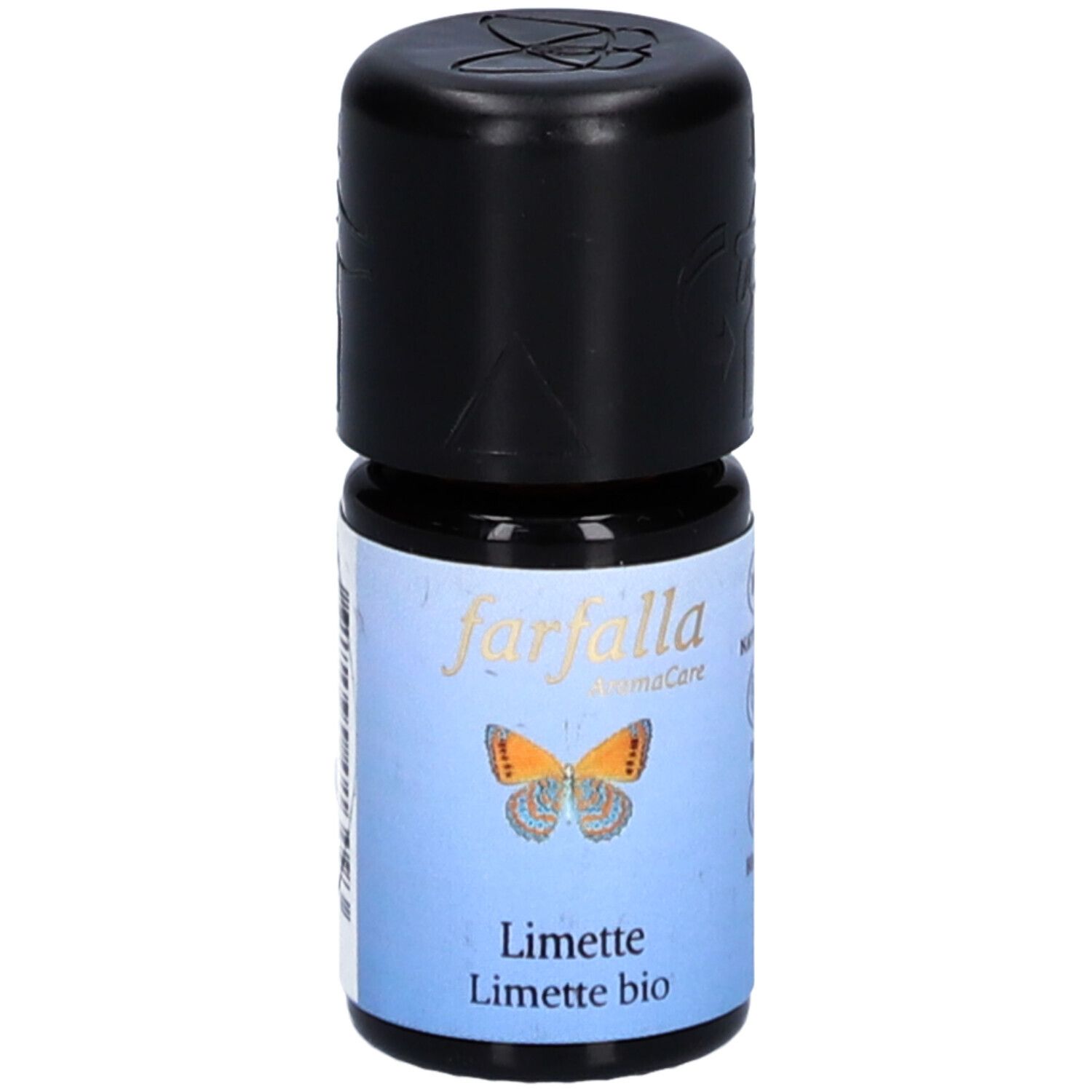 Petite bouteille noire. Étiquette: farfalla, Limette, Limette bio, illustration de papillon.