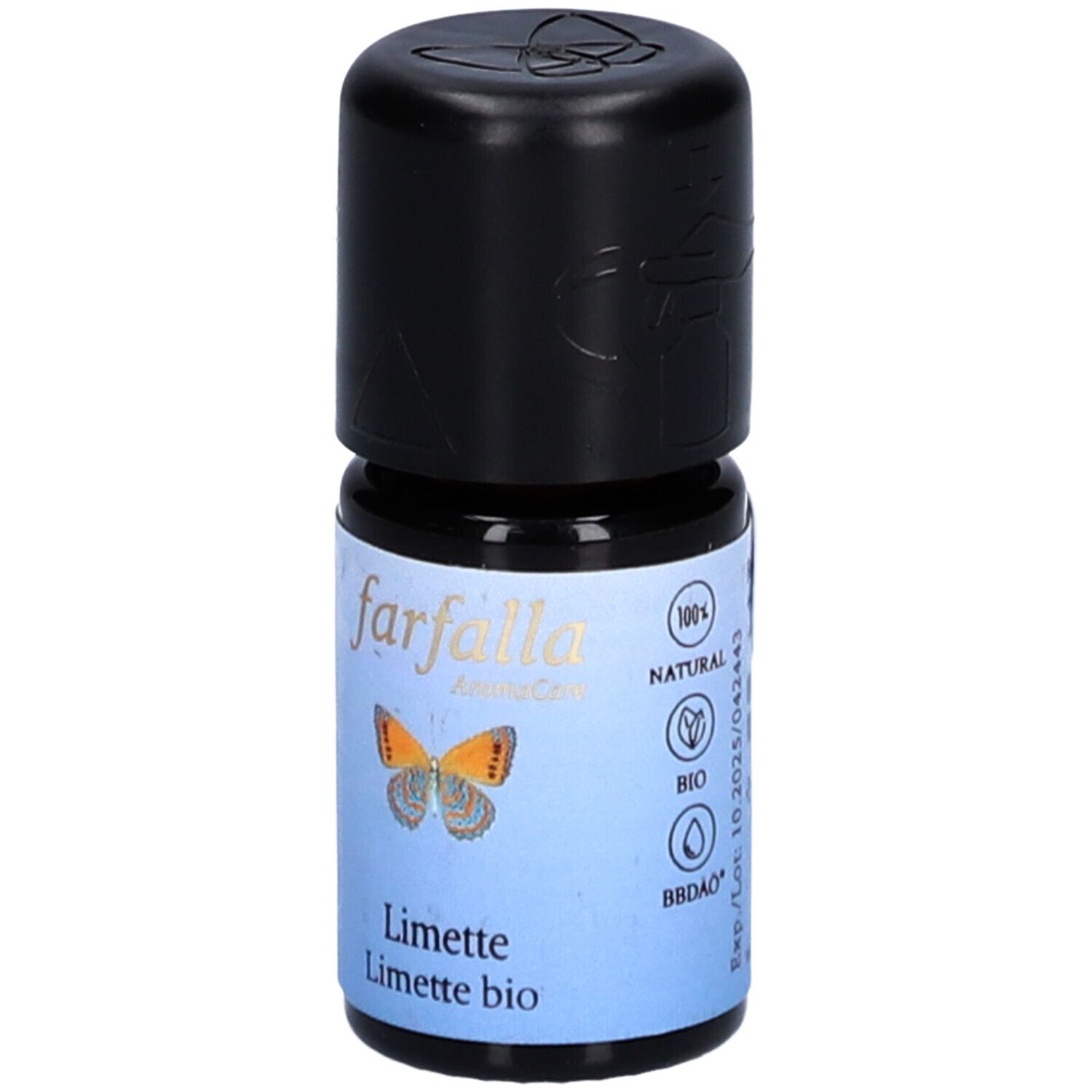 Petite bouteille noire. Étiquette avec logo, texte: 100% Natural, Bio, BBD/Lot. Inscription: Limette, Limette bio.
