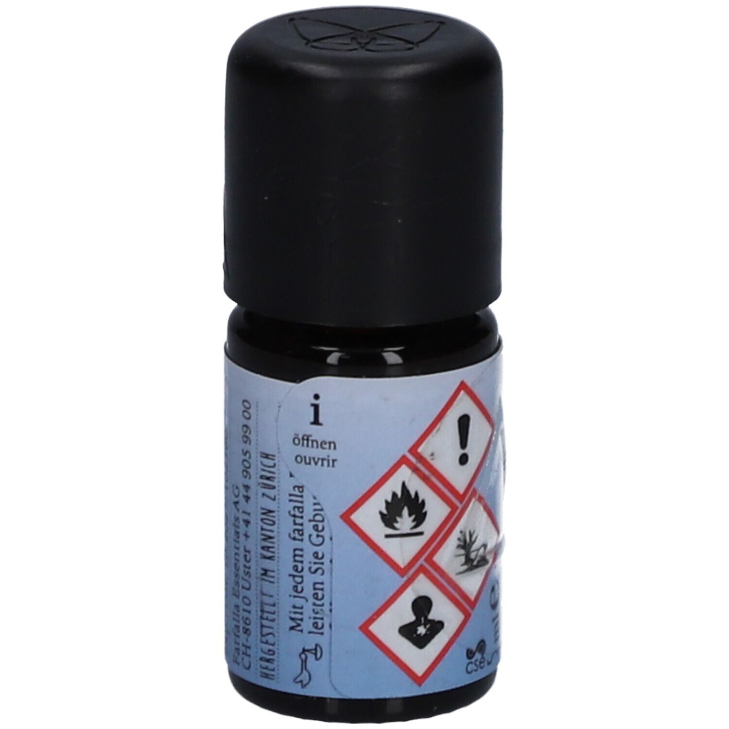 Kleine braune Glasflasche mit schwarzem Schraubverschluss. Enthält Gefahrensymbole und Anweisungen zum Öffnen.