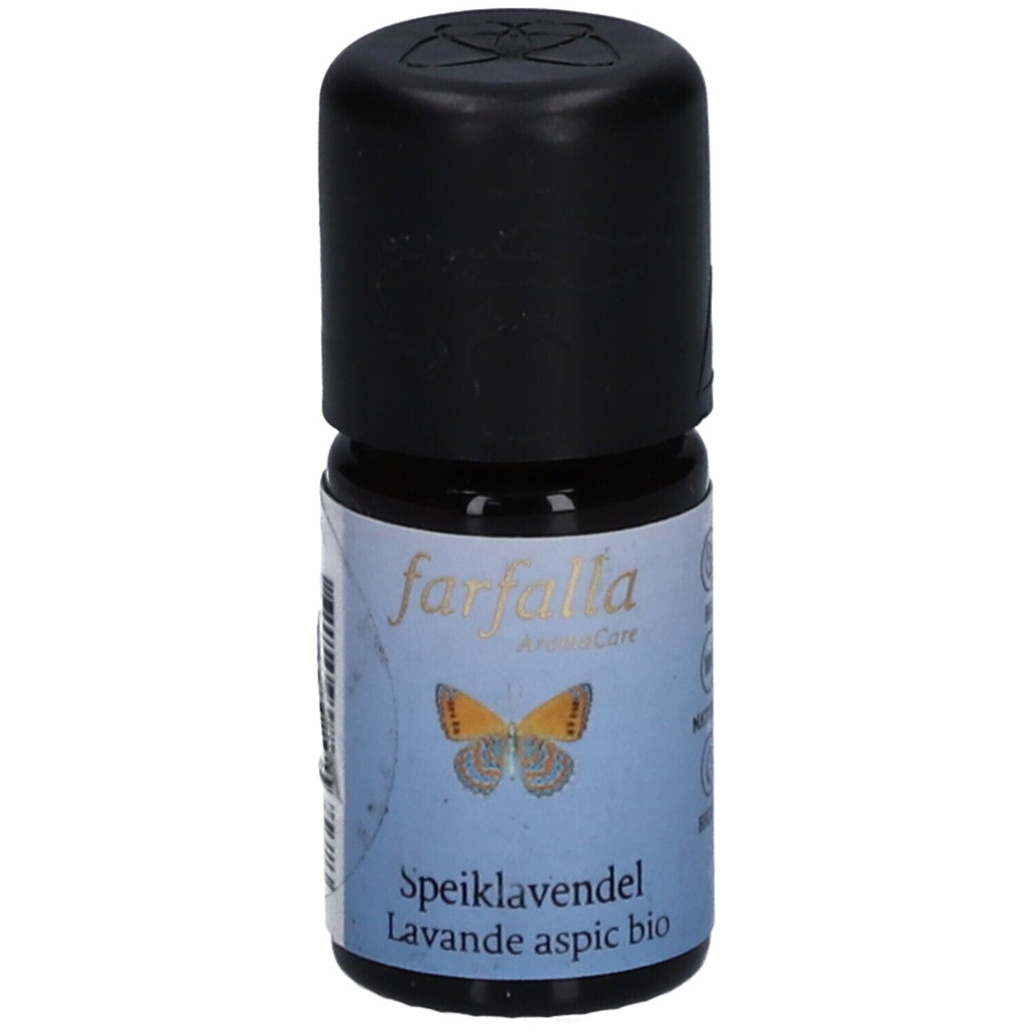 Kleine braune Glasflasche mit schwarzem Schraubverschluss. Etikett zeigt einen Schmetterling und 'Speiklavendel Lavande aspic bio'.