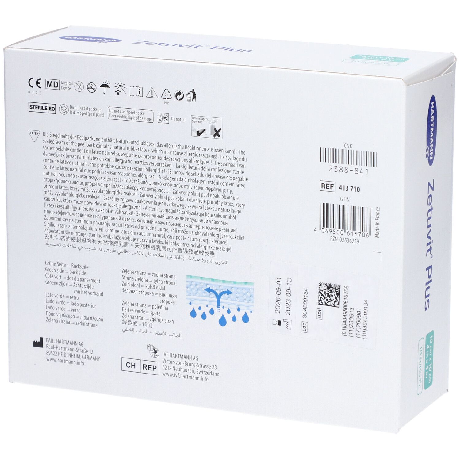 Rückseite der Verpackung von HARTMANN Zetuvit® Plus. Informationen zu Inhaltsstoffen, Chargennummer, Haltbarkeit, Hersteller.