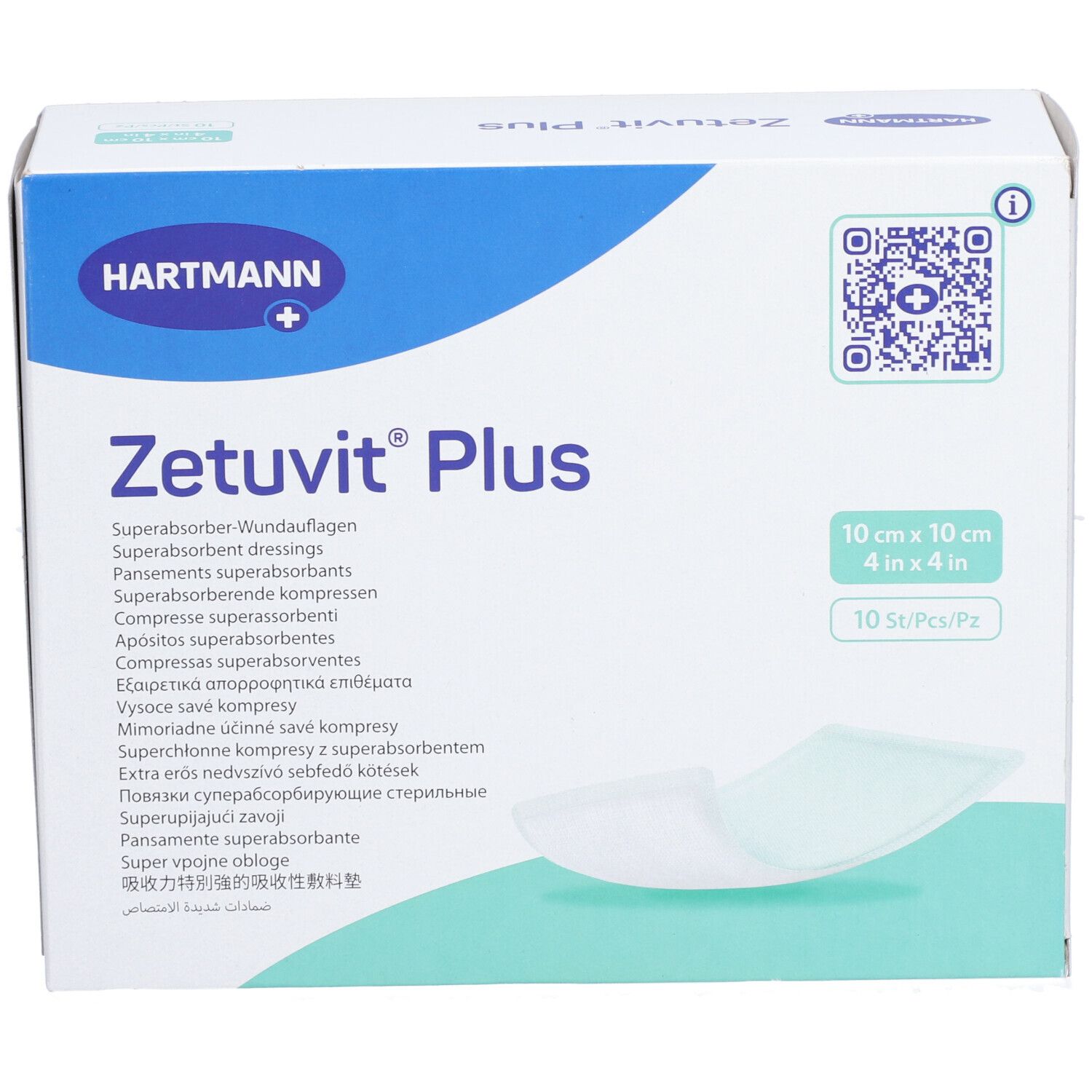 Verpackung von HARTMANN Zetuvit® Plus. 10 x 10 cm. 10 Stück. Aufdrucke: Produktname, Größe, Marke, QR-Code. Kompressen sichtbar.
