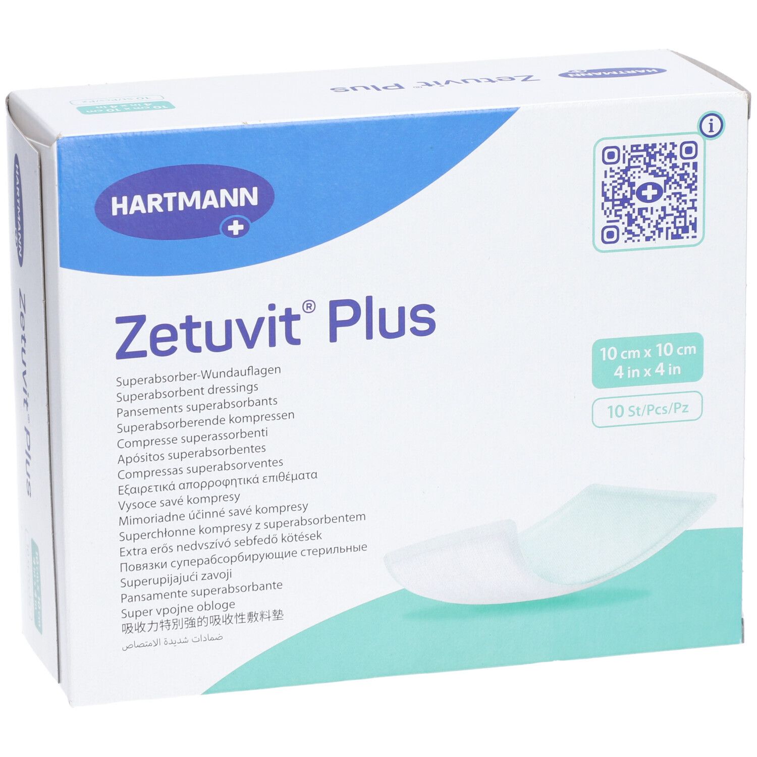 Verpackung von HARTMANN Zetuvit® Plus. 10 x 10 cm. 10 Stück. Aufdrucke: Produktname, Größe, Marke, QR-Code. Kompressen sichtbar.