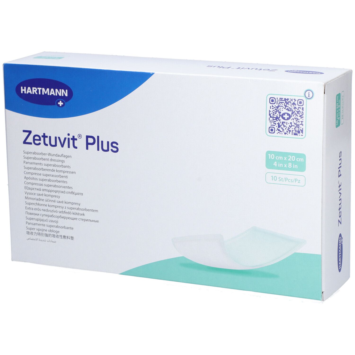 Verpackung von HARTMANN Zetuvit® Plus Saugkompressen. Blaue und weiße Schachtel mit Produktnamen und Größenangabe: 10 x 20 cm.