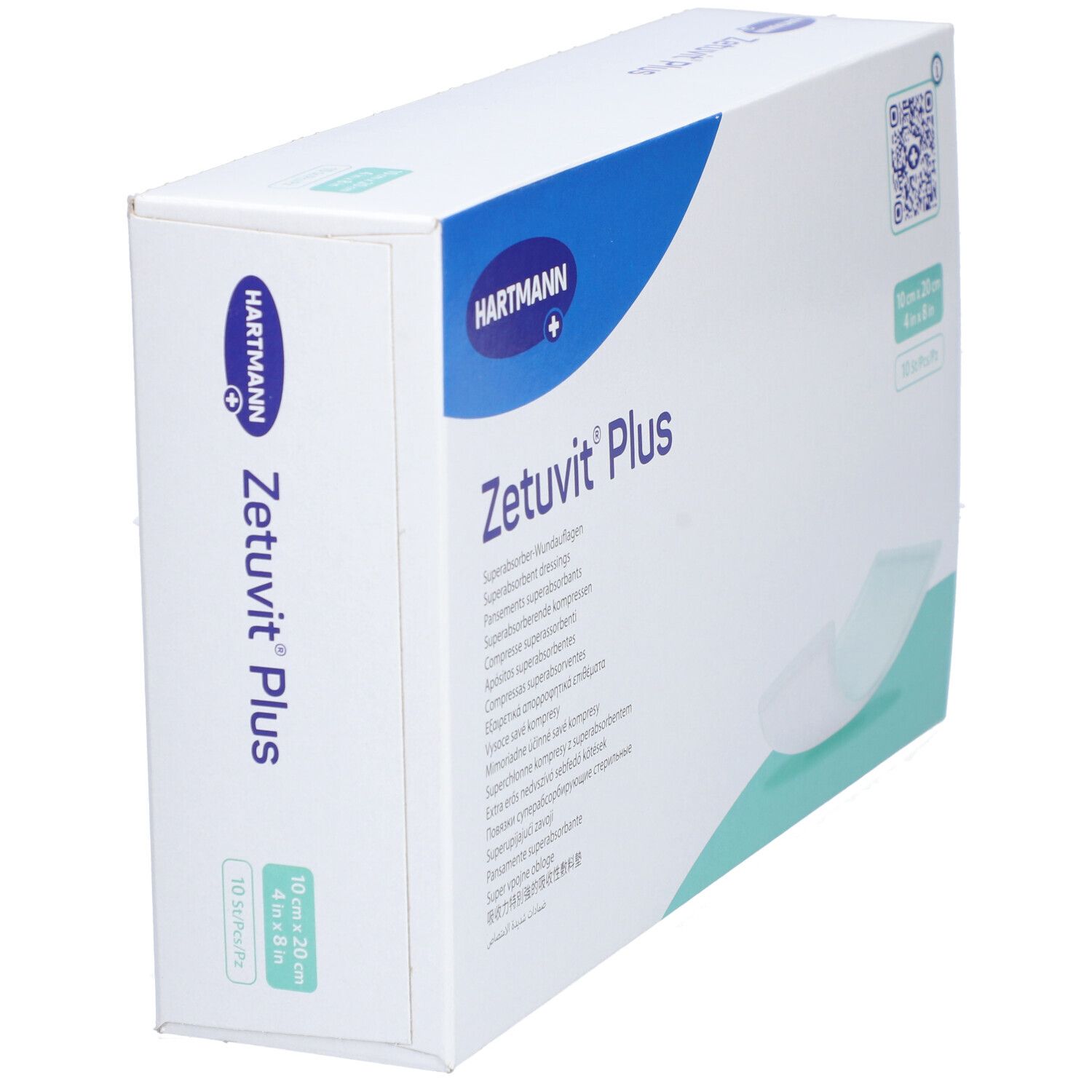 HARTMANN Zetuvit® Plus Verpackung. Weiße Schachtel mit blauem Logo und Produktnamen. Größenangabe: 10 x 20 cm.