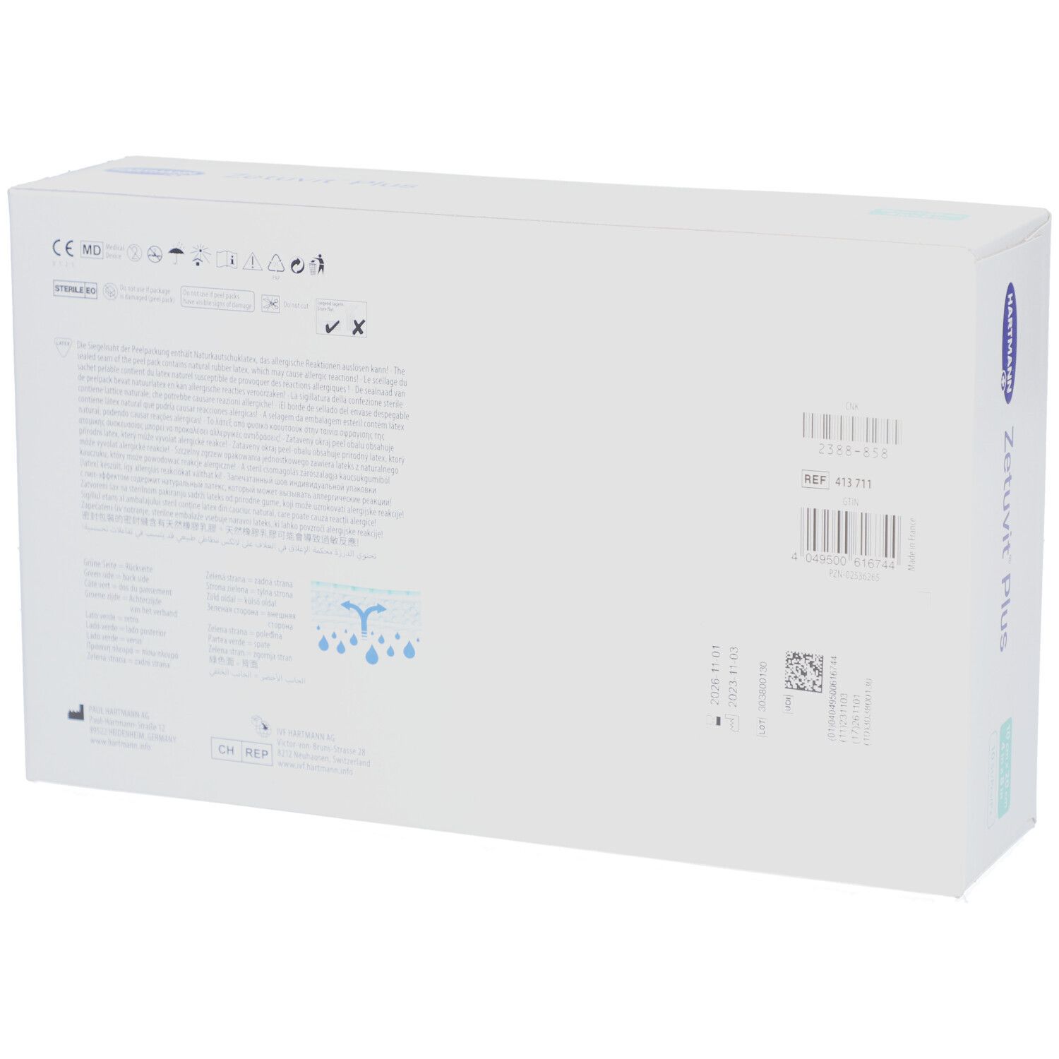 Rückseite der HARTMANN Zetuvit® Plus Verpackung. Weiße Schachtel mit Text und Barcodes. Informationen zu Inhaltsstoffen und Hersteller.