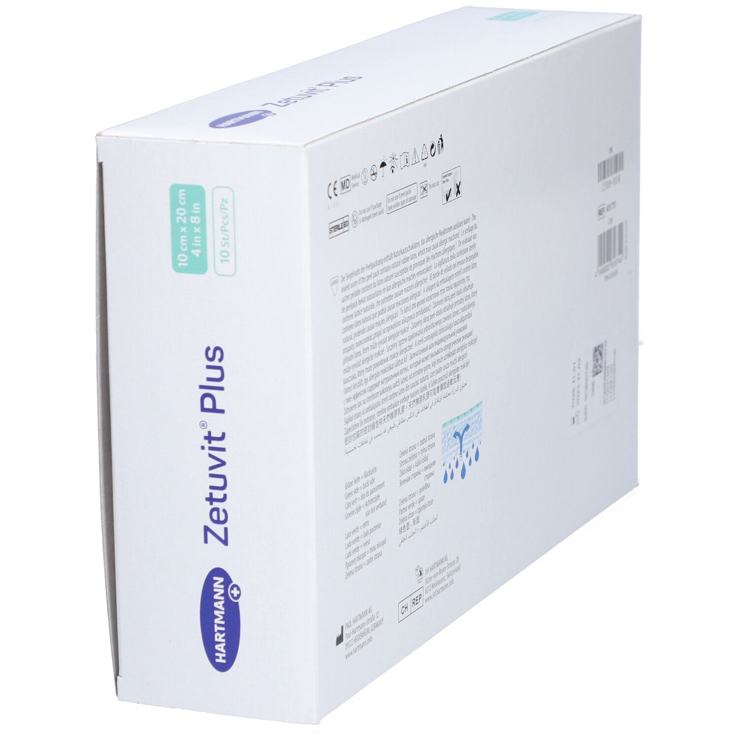 HARTMANN Zetuvit® Plus Verpackung. Weiße Schachtel mit Produktinformationen und Größenangabe: 10 x 20 cm.