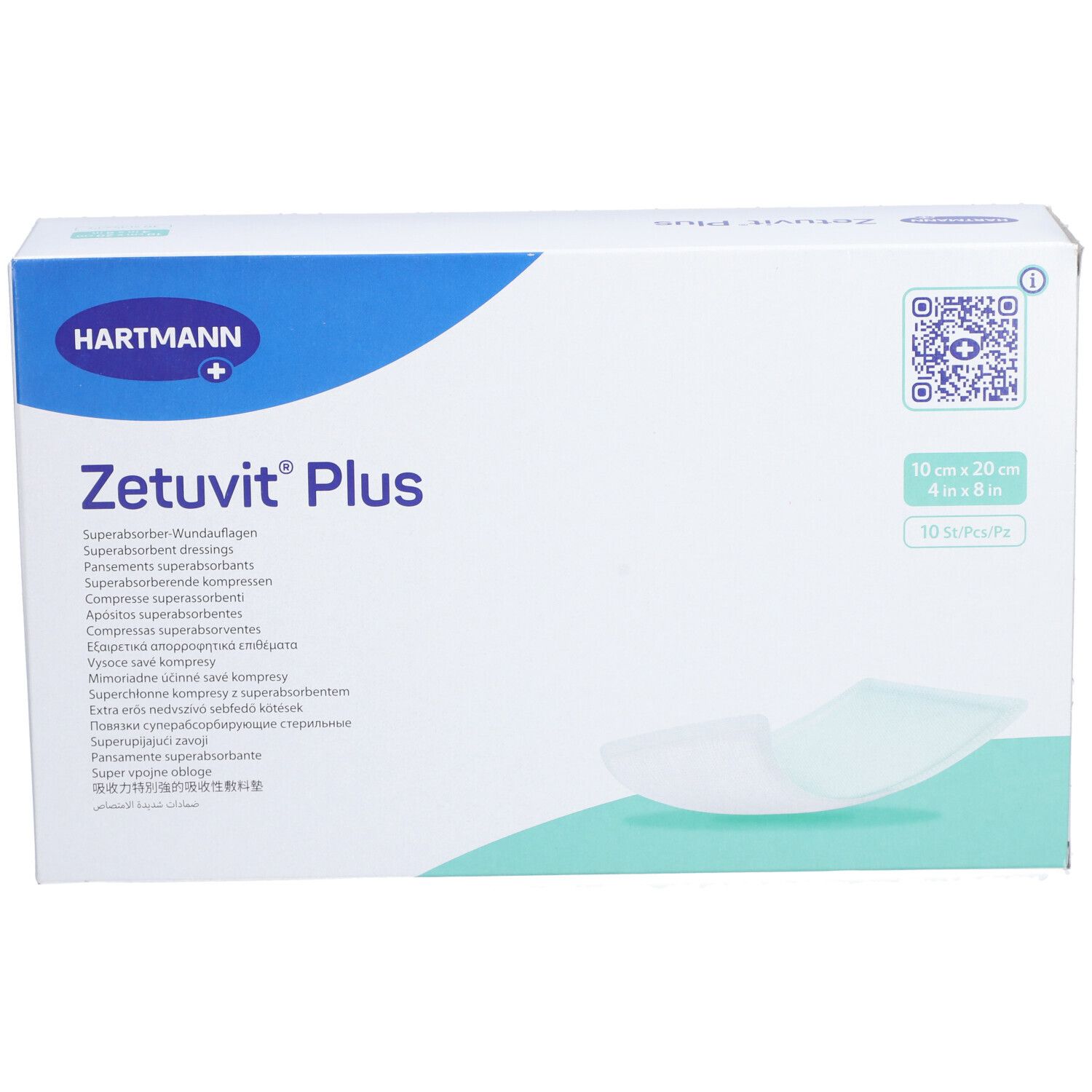 HARTMANN Zetuvit® Plus Verpackung. Weiße Schachtel mit Produktnamen, Größenangabe und Kompressen. 10 x 20 cm.