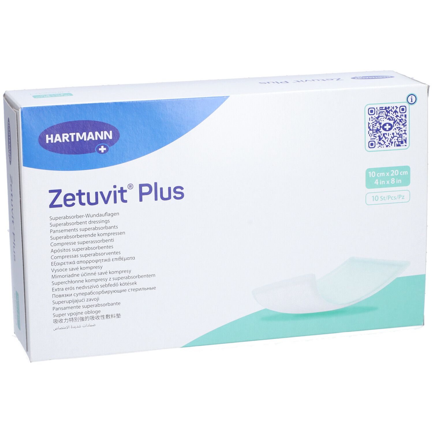 HARTMANN Zetuvit® Plus Verpackung. Weiße Schachtel mit Produktnamen, Größenangabe und Kompressen. 10 x 20 cm.