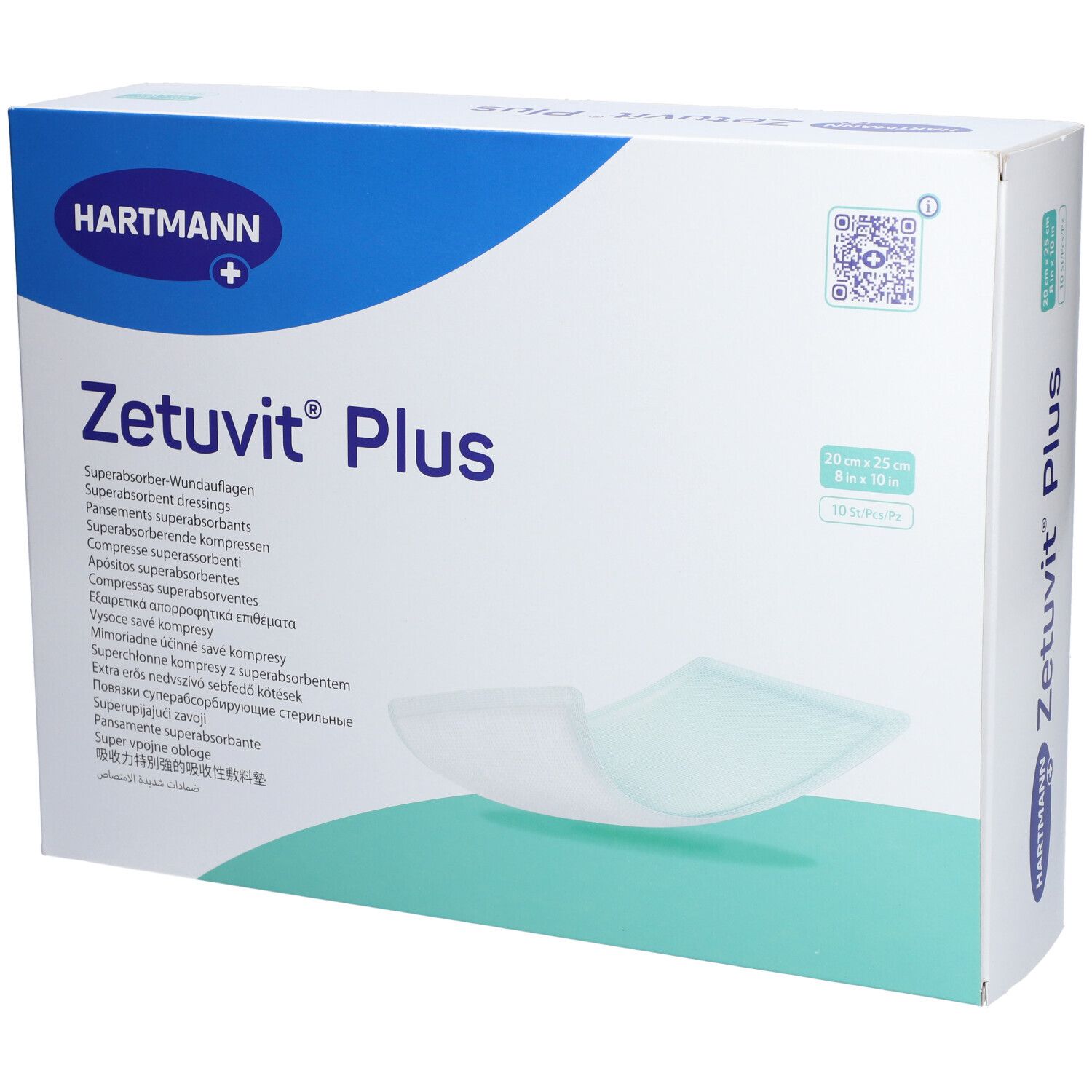 Verpackung von Zetuvit® Plus Wundauflagen. Aufschrift: Hartmann, Zetuvit® Plus, Superabsorber Wundauflagen. Größe: 20 x 25 cm.
