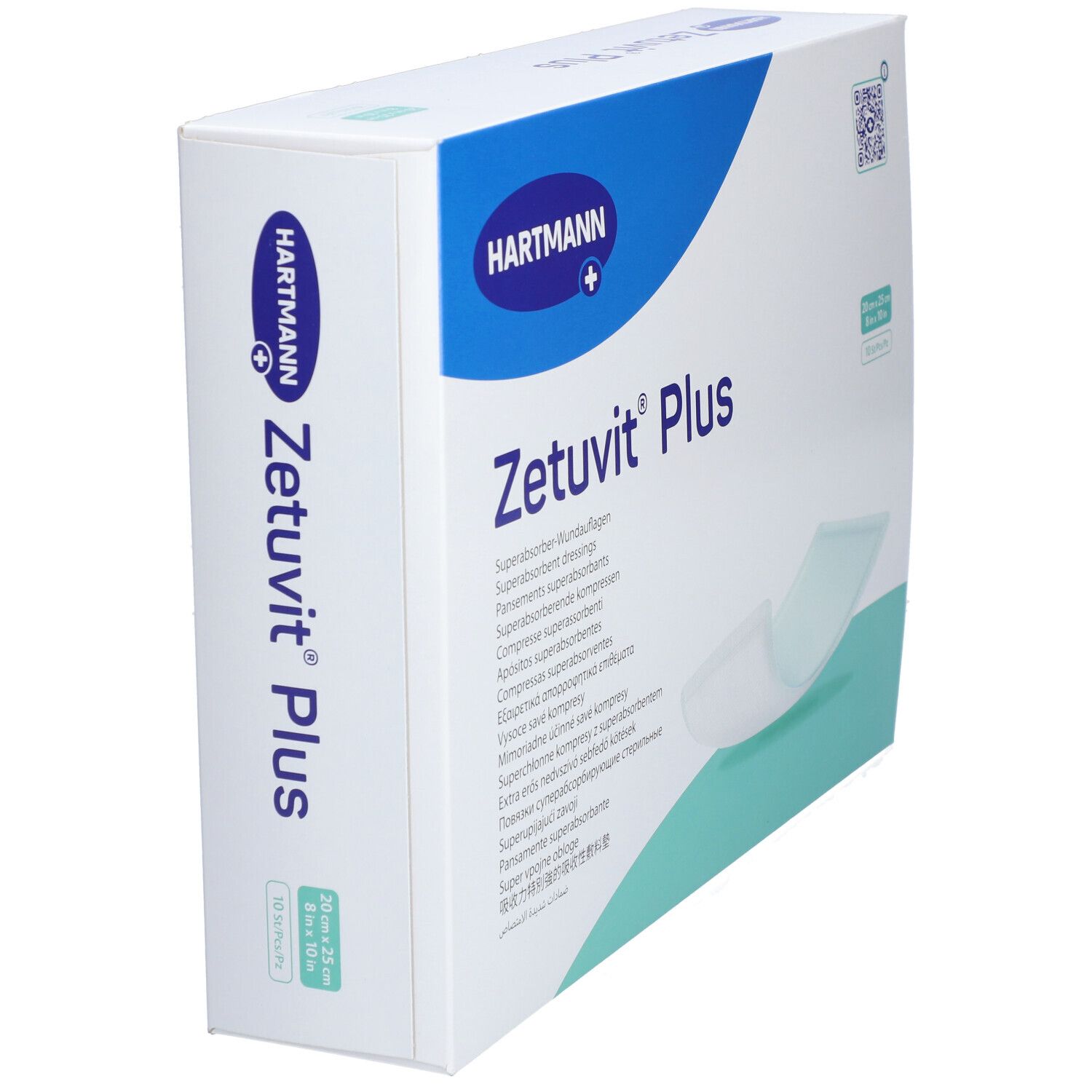 Verpackung von Zetuvit® Plus. Aufschrift: Hartmann, Zetuvit® Plus, Superabsorber Wundauflagen. Größe: 20 x 25 cm. QR-Code.