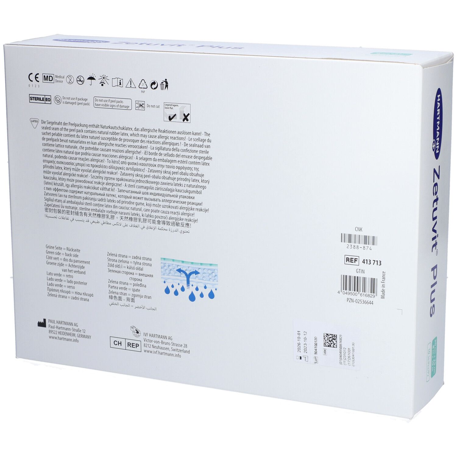 Rückseite der Zetuvit® Plus Verpackung. Text und Symbole. CE-Kennzeichnung. Ref-Nummer und Chargennummer.