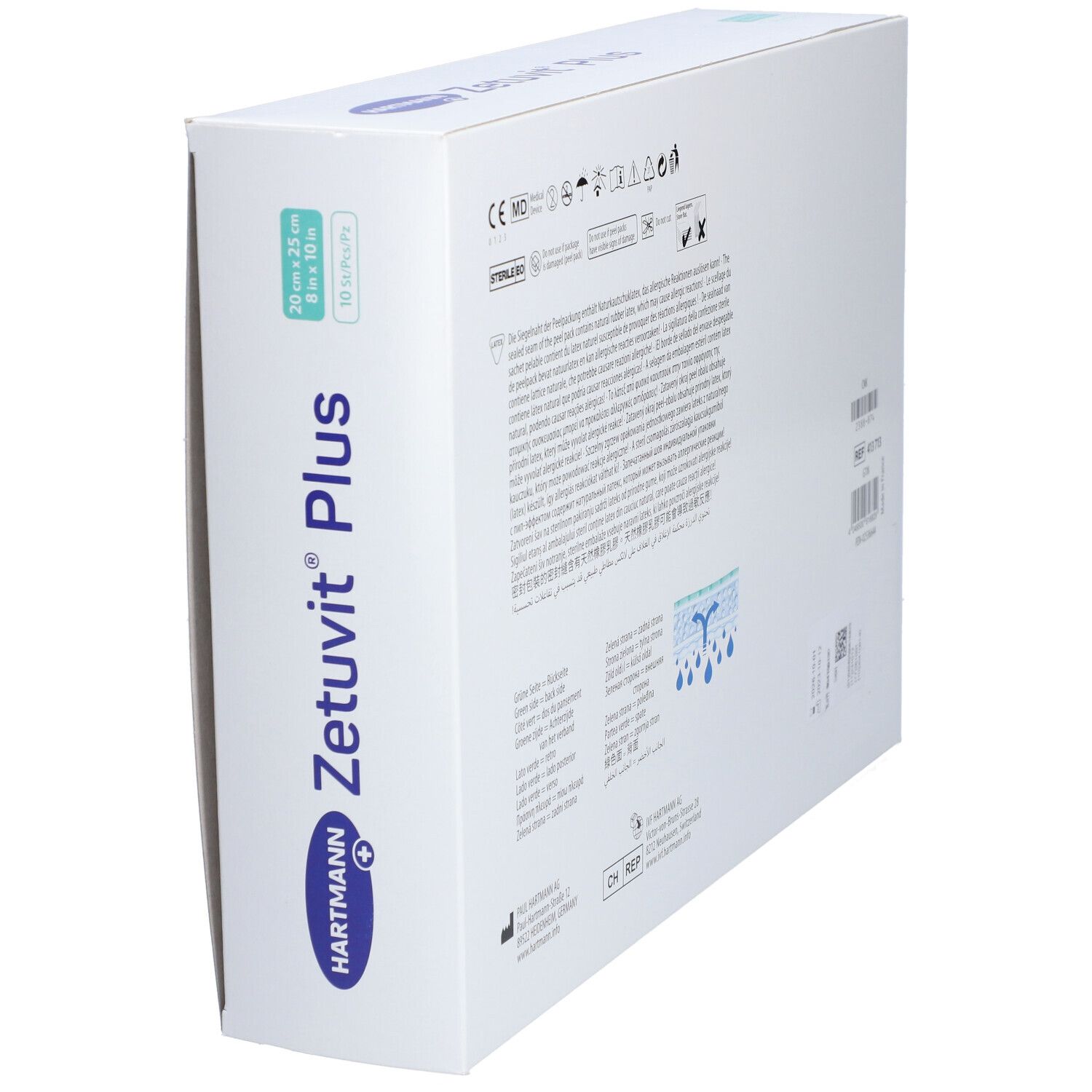 Rückseite der Zetuvit® Plus Verpackung. Text und Symbole. CE-Kennzeichnung. Ref-Nummer und Chargennummer.
