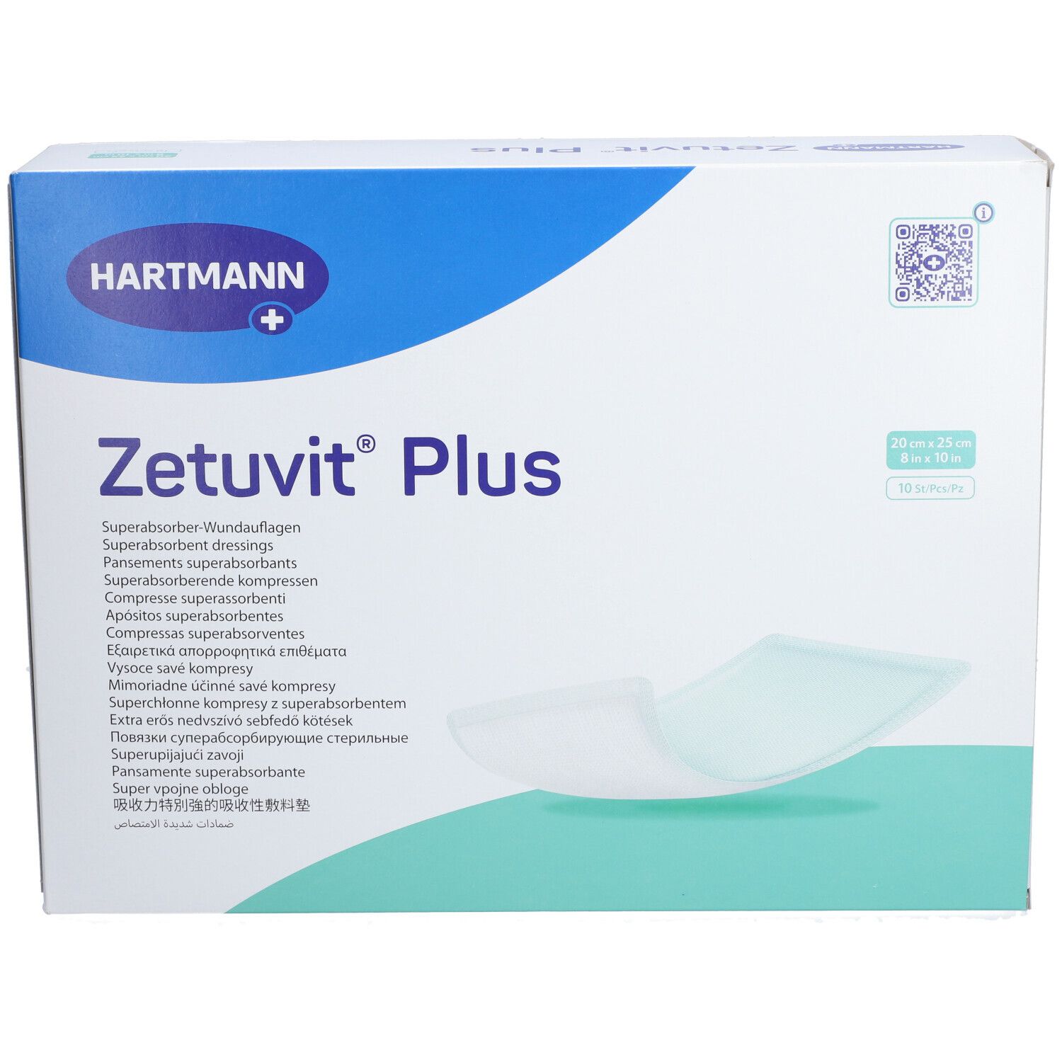 Verpackung von Zetuvit® Plus Wundauflagen. Aufschrift: Hartmann, Zetuvit® Plus, Superabsorber Wundauflagen. Größe: 20 x 25 cm.