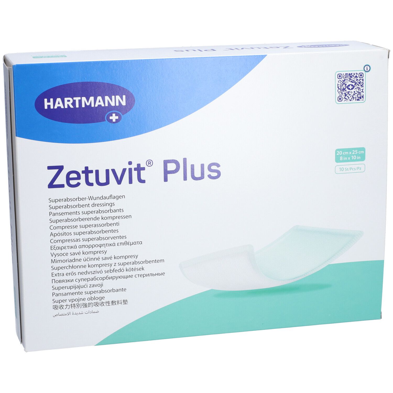 Verpackung von Zetuvit® Plus Wundauflagen. Aufschrift: Hartmann, Zetuvit® Plus, Superabsorber Wundauflagen. Größe: 20 x 25 cm.
