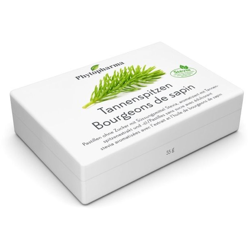 Weiße Schachtel mit Produktaufdruck. Logo und Schriftzug: PHYTOPHARMA Tannenknospen. Stevia-Siegel. 35g.