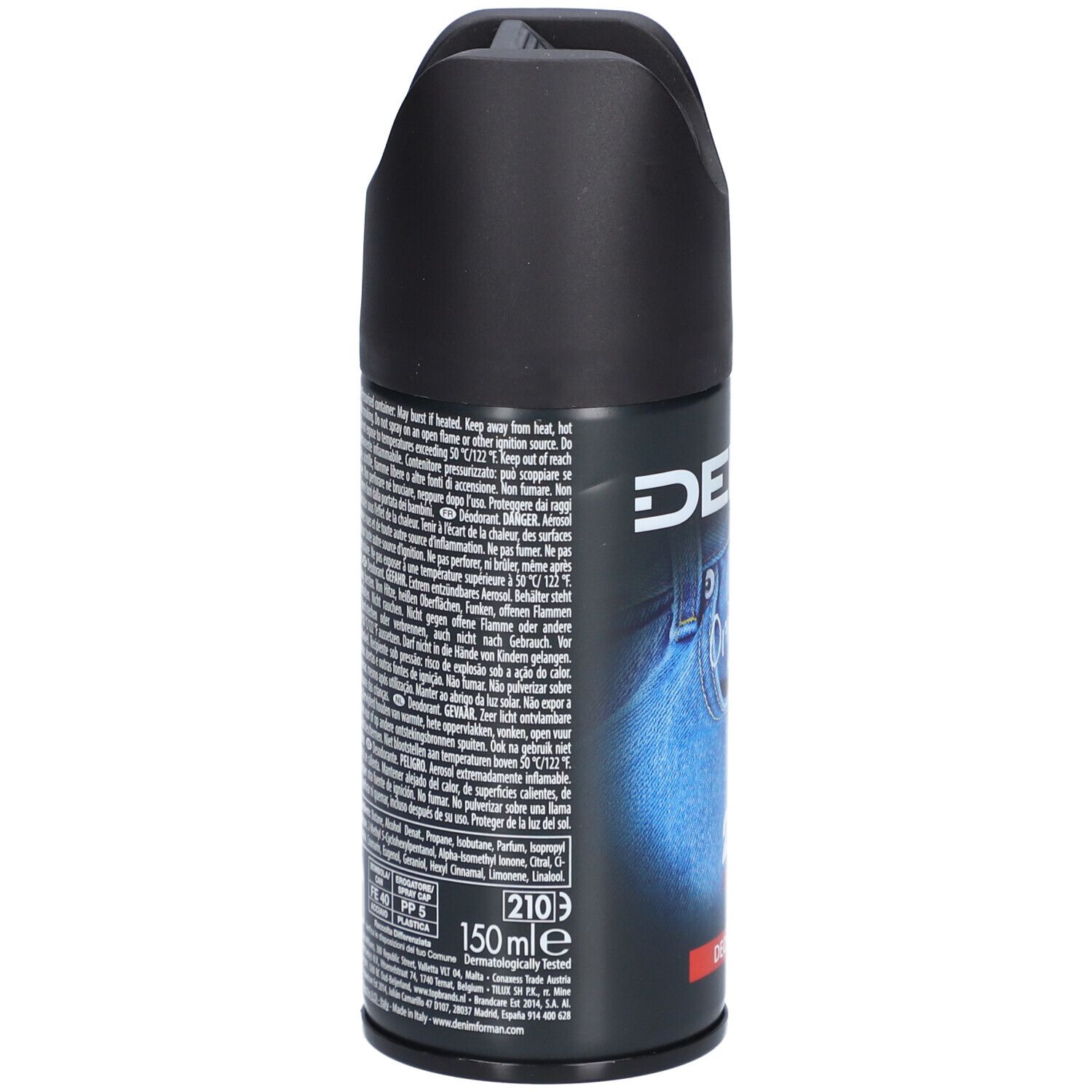 Rückseite der Denim Original Deo Spray Dose mit Inhaltsstoffen und 150ml Angabe.