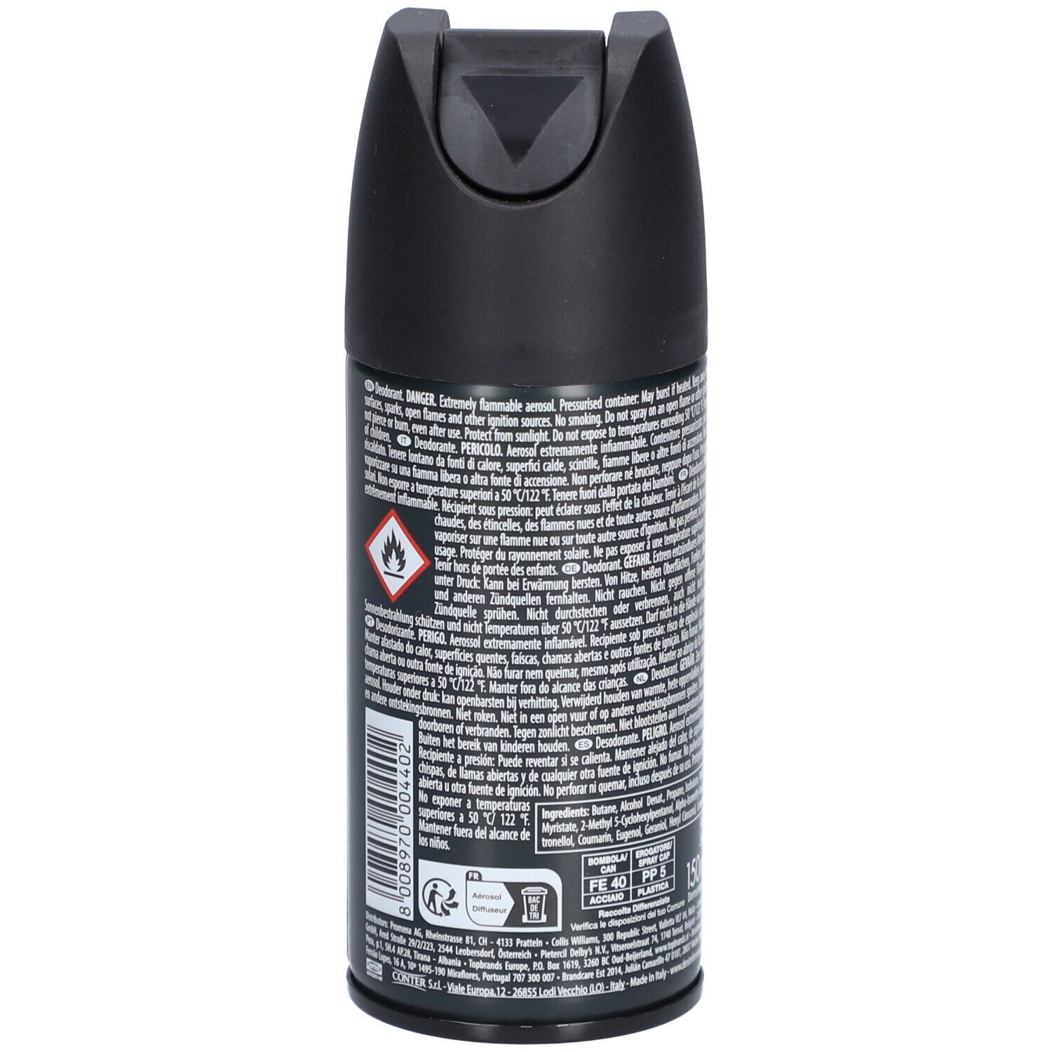 Seite der Denim Original Deo Spray Dose mit Warnsymbolen und Barcode.