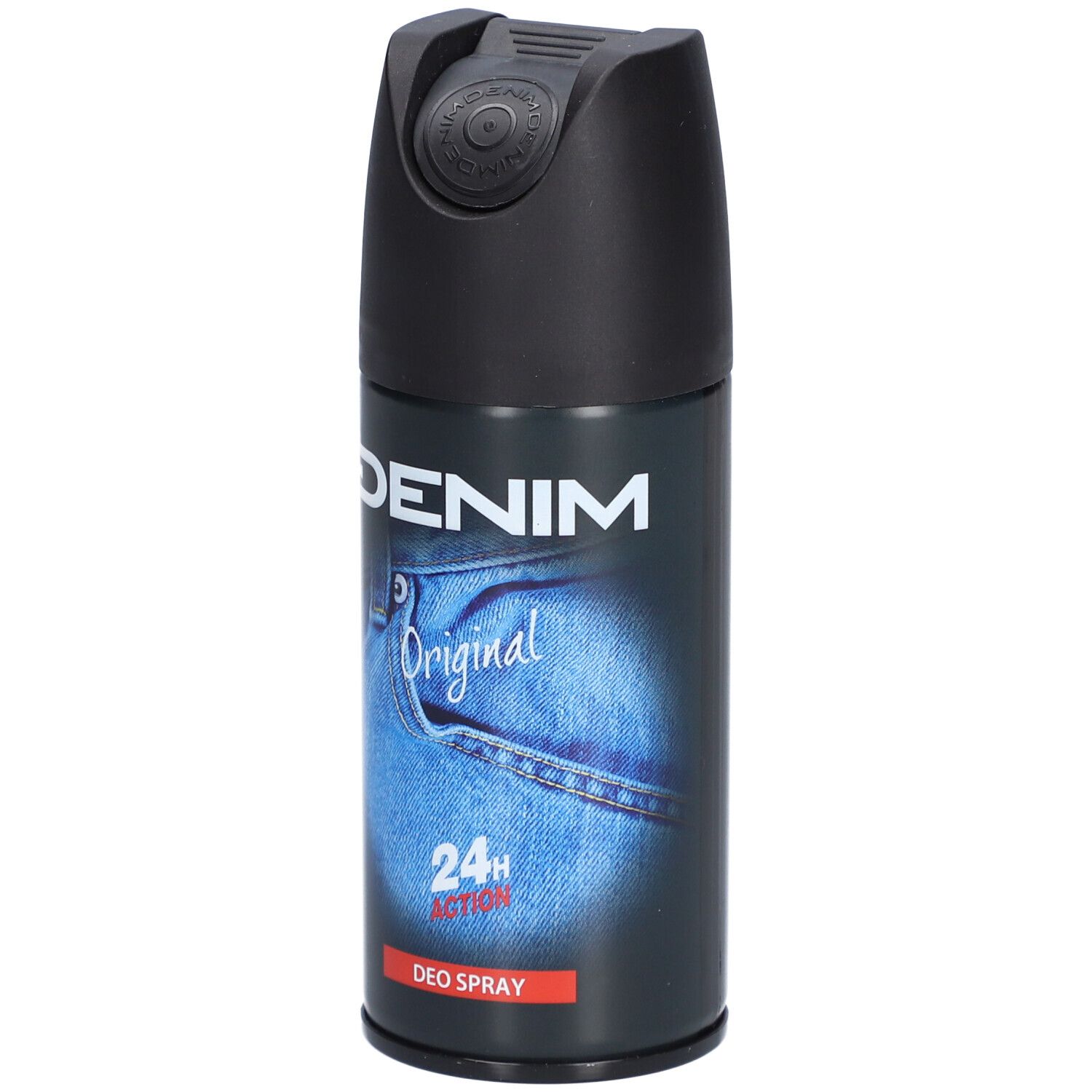 Denim Original Deo Spray mit schwarzem Verschluss und Jeans-Design. 24h Action.